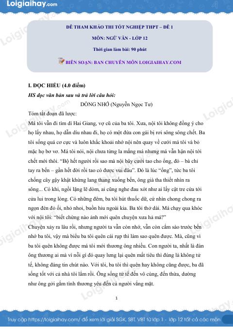 Đề tham khảo thi Văn THPT (Đề số 1) - có lời giải chi tiết